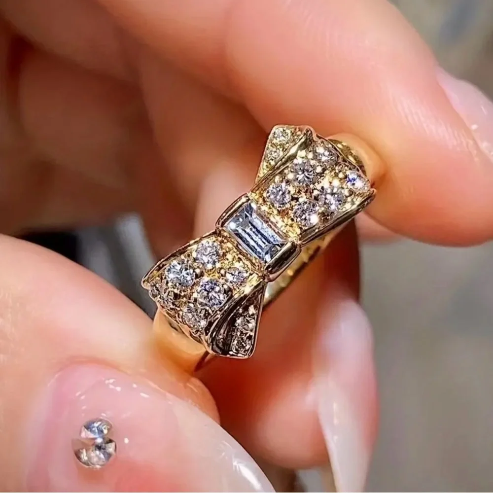 Rose Gold Bow Ring with Clear Crystals